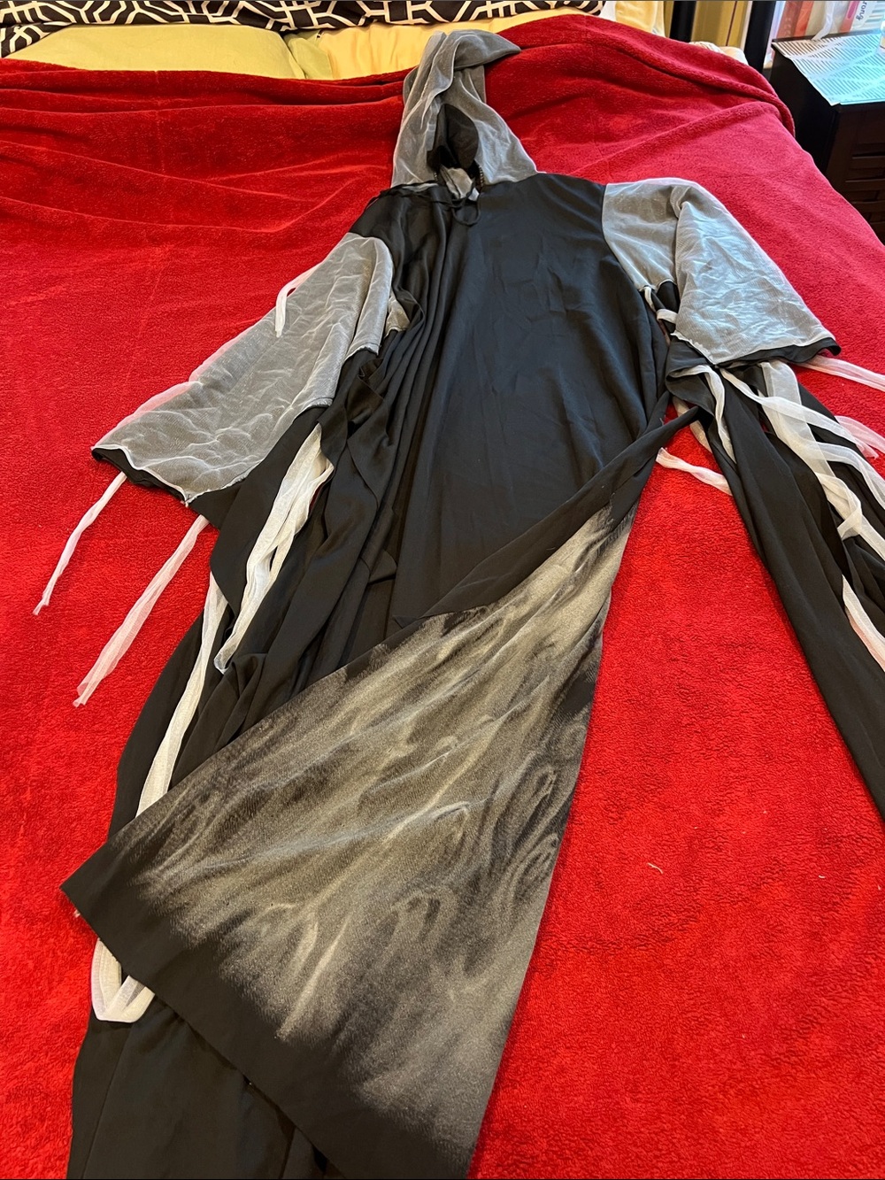 Black and Gray Hooded Costume Robe with Draped Sleeves